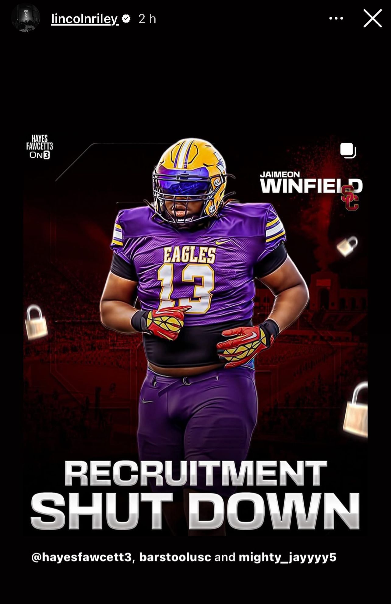 Lincoln Riley shared Jaimeon Winfield's recruiting shutdown on an Instagram story. - Source: Instagram/@lincolnriley